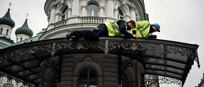 В центре Москвы медики оказывают помощь человеку, упавшему на козырек знаменитого Дома Шурика